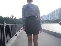 Braless upskirt stockings outdoor