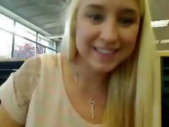 Busty blonde flashes, toys and squirts in a public library