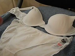 Cumming on size 14 white panties and 34B Bra