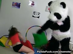 Titted dark haired to have sex with huge toy panda