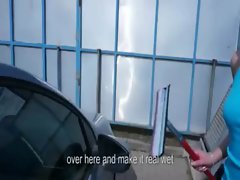 Nice looking amateur carwash babe hammered in public to earn money